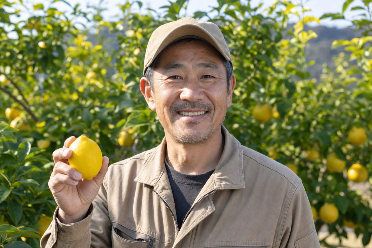 レモンを手に微笑む50代の就農者
